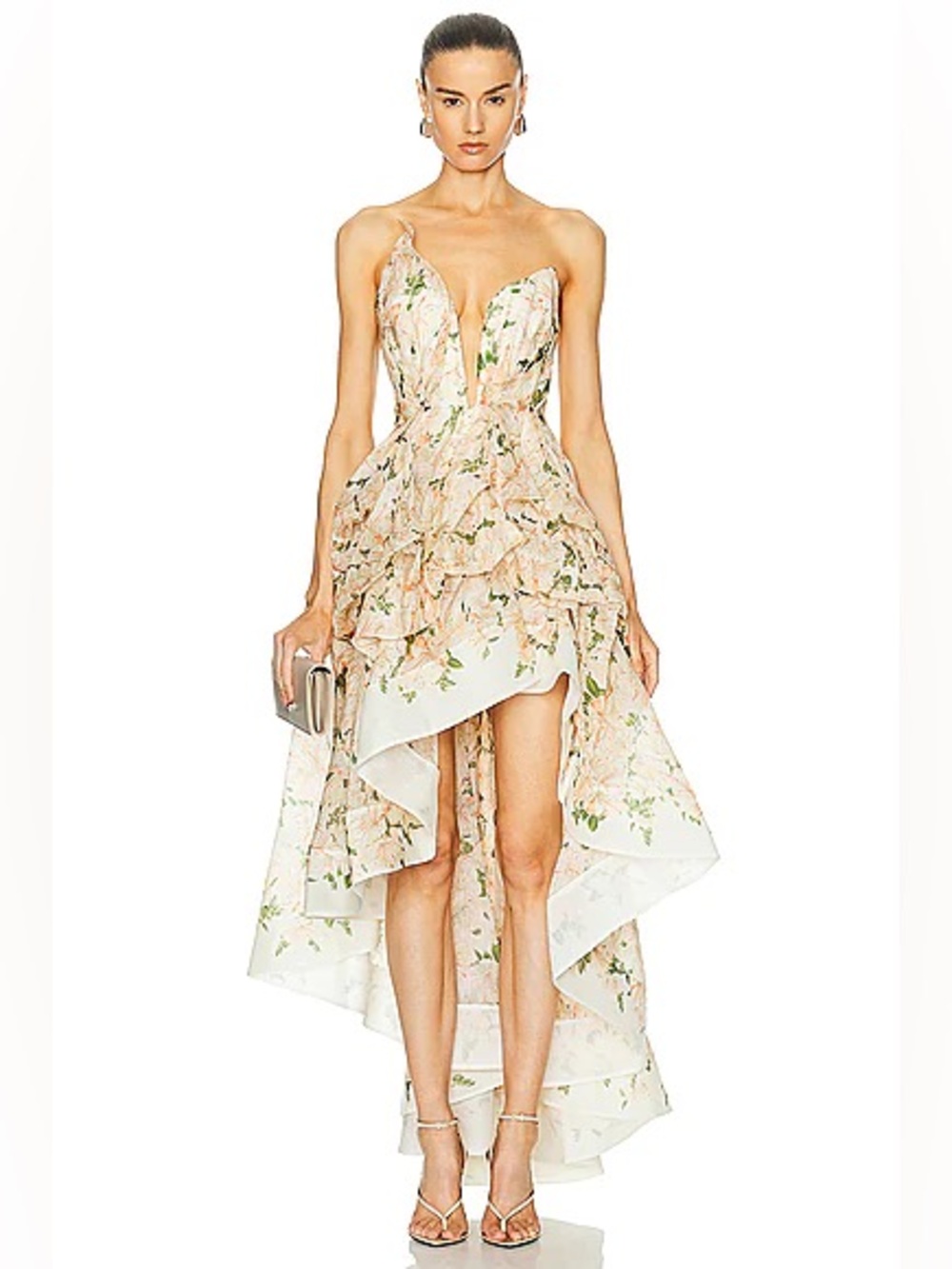 Zimmermann Natura Floral Silk Linen Asymmetric High-Low Gown